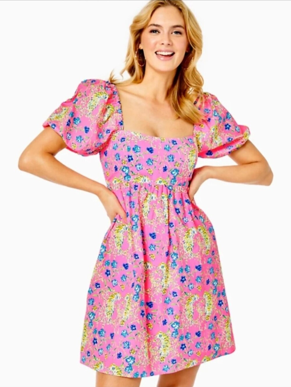 Lilly Pulitzer Kay Dress Prosecco Pink Tigress Garden Puff Sleeve Size 4